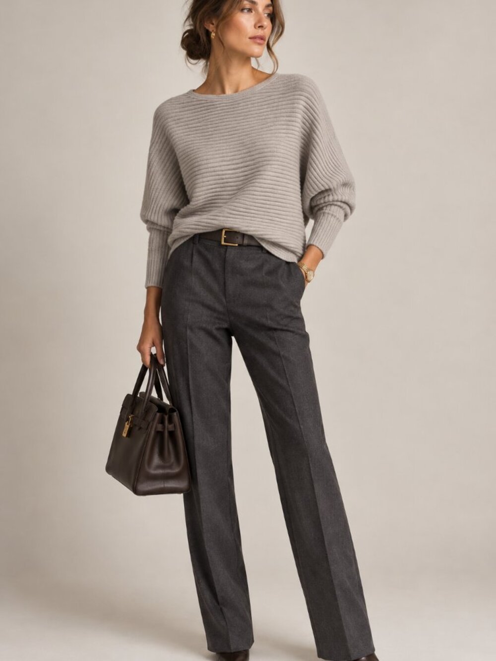 ELIE TAHARI | Tan Ribbed Long Sleeve Crewneck Sweater - Women's Large